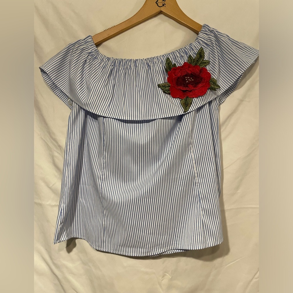 Striped blouse with an embroidered red rose, size M, Fanni Los Angeles brand